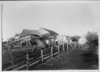 Log House with Split Rail Fence for Early Settlers and Horses